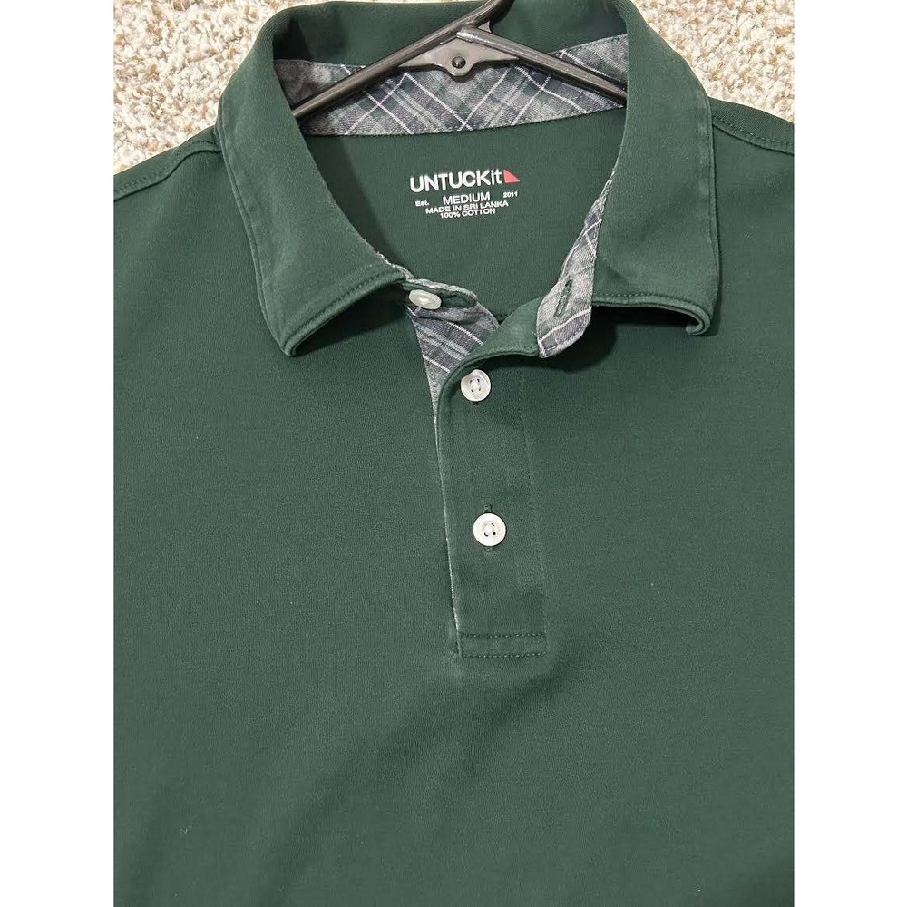 UNTUCKit Mens Damaschino Long Sleeve Polo Shirt Green Plaid Trim 40990 Medium
